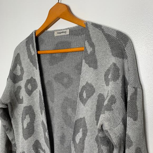 Amazon Brand gray leopard print longline duster length cardigan sweater SZ L - Picture 5 of 10